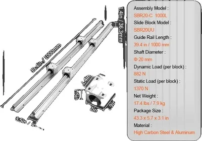 Obrázek produktu pro Lineární kolejnice, vysoce přesný plynulý pohyb, odolná konstrukce, SBR20 1000MM