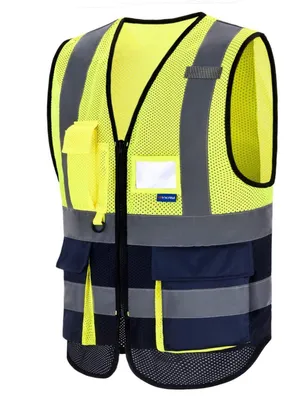 Immagine prodotto di Gilet di sicurezza con zip frontale, alta visibilità, tasche per cellulare e documenti, colore giallo/blu navy, tessuto a rete, taglia 3XL