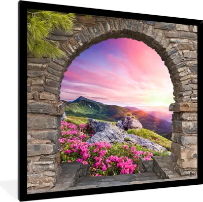 Produktbild von MuchoWow® Gerahmtes Poster Landschaft - Aussicht - Blumen - Berg 40x40 cm - Poster mit Schwarzem Bilderrahmen Wandposter Rahmen Foto Bilder - Mit Rahmen - Wanddekoration Schlafzimmer