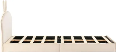 Produktbild von Gepolstertes Kinderbett mit Hasenkopfteil, Kinderbett mit Holzlattenrost, Einzelbett, Samt, beige, 90 x 200 cm
