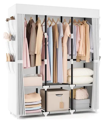 Immagine prodotto di Armadio per abiti in tessuto con copertura, dotato di 3 aste appendiabiti, 6 ripiani, colore bianco, dimensioni 132x44x160 cm