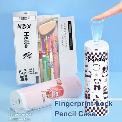 Zdjęcie produktu dla NBX Piórnik z blokadą na odcisk palca Piórnik z podwójną warstwą Cylindryczny uchwyt na długopis z lustrem Notatnik z możliwością wymazywania Kalkulator Duża pojemność Pudełko na artykuły papiernicze dla uczniów Chłopcy Dziewczyny Prezenty