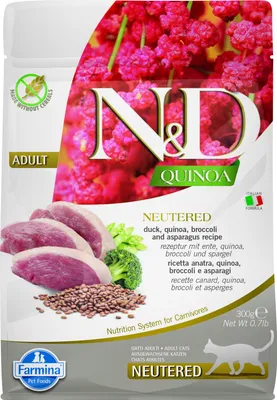 Image de Croquettes pour chats stérilisés FARMINA N&D Quinoa Canard, Brocoli, Asperge - 300 g