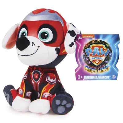 A plush toy of the character Marshall from Paw Patrol, sitting and facing forward, with its product tag visible.