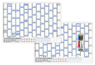 Produktbild von XXL Wandkalender DIN B1 2027 + 2028 blau, nass abwischbar inkl. Stifteset Format 100 x 70cm Jahresplaner Wandplaner gerollt Neutraler Kalender Feiertage aller Bundesländer