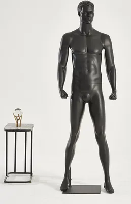 Produktbild von M26-8 schwarz Mann Eurotondisplay komplett geformter Kopf Männliche Schaufensterpuppe stehend schwarz oder weiß matt Schick und Elegant