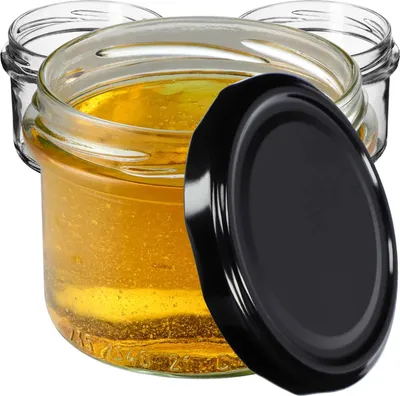 Zdjęcie produktu dla KADAX małe słoiki do przetworów 235 ml, słoiki fi82, mini słoiki na miód i przyprawy, słoiki na dżem z pokrywką, hermetyczne słoiki do rozdawania (czarne 100 sztuk)
