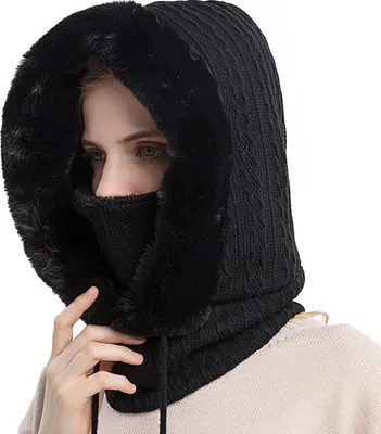 Produktbild von 3 in 1 Winter Damen Strickmütze Dicke Fleecefutter Warm Skimütze mit Schal Gesichtsmaske Outdoor Cycling Winterfeste Skimütze, Farbe:Schwarz