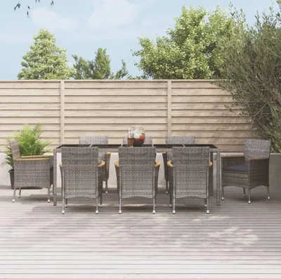 Produktbild von Moderne Gartenmöbelgarnituren 9-tlg. Garten-Essgruppe mit Kissen Grau Poly Rattan Gartenmöbelset CC31281273
