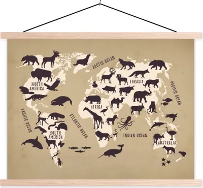 Produktbild von MuchoWow® Textilposter Weltkarte - Tiere - Braun 120x90 cm mit holzfarbenen Rahmen - Magnetisch
