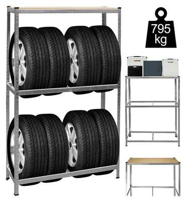 Produktbild von Reifenregal aus Metall - Autoreifen-Lagerregal - 180 × 120 × 40 cm - Hohe Tragfähigkeit bis zu 795 kg - Regalsystem - Platzsparend - Für Garage, Werkstatt oder Lagerraum [10843]