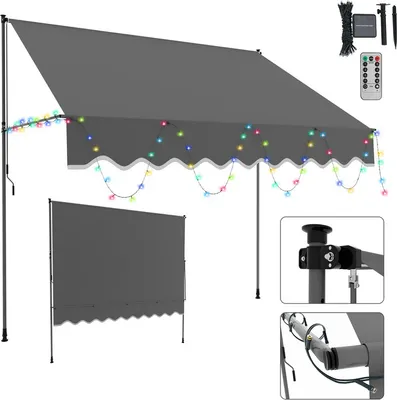 Zdjęcie produktu dla Markiza Hengda z oświetleniem LED, montaż bez wiercenia, markiza zaciskowa na balkon lub taras, 250 cm, kolor szary