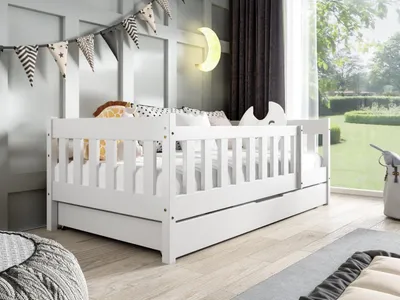Produktbild von MTJMöbel Kinderbett POLA 160x80cm mit Matratze, Hausbett mit Schublade und Schutzbarriere, Weiß Holz