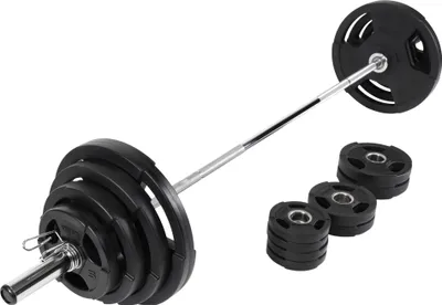 Produktbild von GORILLA SPORTS® Langhantel Set Olympia - 130kg Gewichten und Langhantelstange 218cm, 50mm, mit Federverschlüssen, gerändelt, Chrom, Kunststoff Hantelscheiben - Hantelset, Gewichtsscheiben, Hanteln