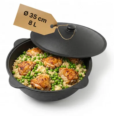 Obrázok produktu pre Liatinový kempingový kotlík Kazan 8L NAMANGAN s pokrievkou, WOK, camping, BBQ varenie vonku, Kazan čajník