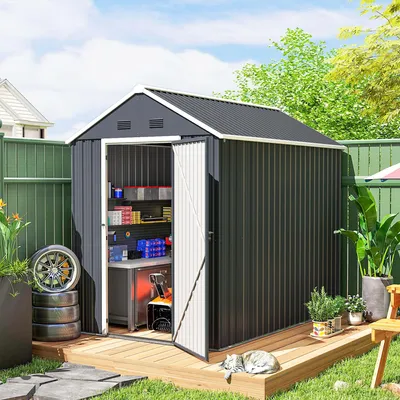 Produktbild von Gerätehaus Metall Doppeltür mit Fenster, Geräteschuppen verzinkter Stahl, Gartenhaus Dunkelgrau/Weiß | 259 x 172 x 222 cm | 4 m² | Spitzdach