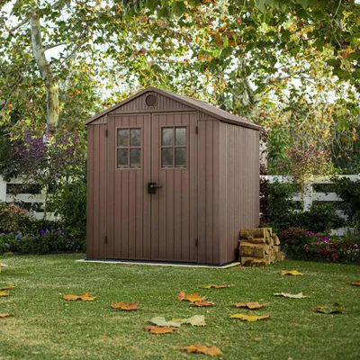 Immagine prodotto di Dmora Casetta da Giardino Osoyoos 244x190x221h cm Marrone, Resistente Agli Agenti Atmosferici Presenza Finestre