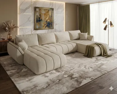Produktbild von CORNERO Ecksofa mit Schlaffunktion SYDNEY PREMIUM Ecksofa U-Form Couch mit Bettkasten Wohnlandschaft mit Stauraum Velourstoff Creme
