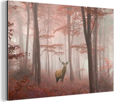 Produktbild von MuchoWow Wanddekoration Metall Metallbild Wandkunst 90x60 cm Hirsche - Wald - Rot - Herbst MuchoWow Aluminium Gemälde - Wandbilder