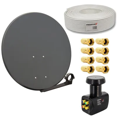 Produktbild von PremiumX SAT Anlage 80cm Antenne Quad LNB 50m Kabel 8x F-Stecker