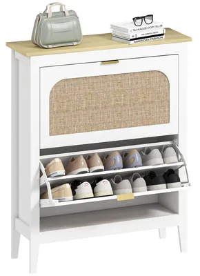 Image de Meuble š€ chaussures 14 paires bohššme avec 2 tiroirs rabattables, portes effet cannage rotin, 80 x 24 x 95,5 cm, blanc