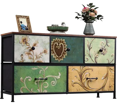 Immagine prodotto di Comodino – Mobiletto con cassetti – 5 cassetti in tessuto – Piano in legno – Struttura in acciaio robusta – 100 × 30 × 55,2 cm – Stile vintage – Multicolore