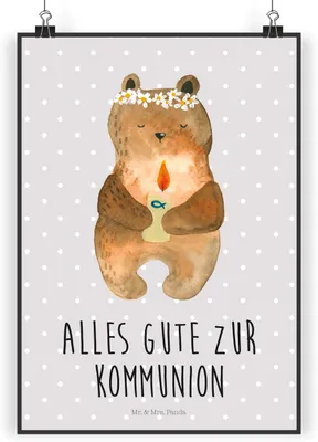 Produktbild von Mr. & Mrs. Panda Bild Bär Kommunion DIN A5 - Grau Pastell - Geschenk, Teddy, Taufkerze, Katholisch, Gottes Segen, wanddeko, Design Poster, Wanddekoration, drucke, Plakat