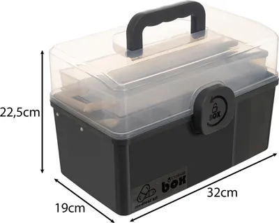 A gray storage box with a transparent lid and handle, shown with dimensions indicated.
