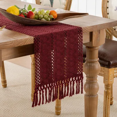 Immagine prodotto di Runner da tavolo in macramè, cotone e lino, 30x140 cm, colore rosso, stile rustico e country