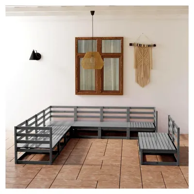 Produktbild von 9-teiliges Gartenmöbel-Set für den Außenbereich, Grau, aus massivem Kiefernholz