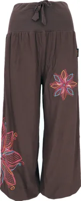 Produktbild von Weite Pluderhose mit Breitem Bund, Blumenstickerei - Dunkelbraun, Damen, Baumwolle, Größe: L/XL