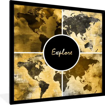 Produktbild von MuchoWow® Gerahmtes Poster Weltkarten - Collage - Gold 40x40 cm - Poster mit Schwarzem Bilderrahmen Wandposter Rahmen Foto Bilder - Mit Rahmen - Wanddekoration Schlafzimmer