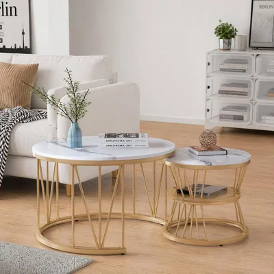 Image de Ensemble de tables basses ProximaX, 2 pièces, forme ronde, aspect marbre blanc, avec structure en métal doré et 2 niveaux de rangement