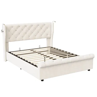 Produktbild von ProximaX Polsterbett 160x200cm mit Lattenrost, Hydraulisches Boxspringbett mit USB und Leselichte, Stauraumbett Doppelbett, Samt, Beige