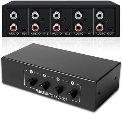 Productafbeelding van Audio-schakelaar, 4-in-1 uit, bidirectionele audioschakelaar, 3,5 mm AUX + RCA L/R, audio-selectiebox voor hoofdtelefoon, luidspreker, telefoon, geluidssysteem, audiosplitter 4 ingangen 1 uitgang