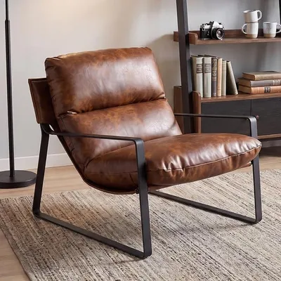 Imagen del producto de Sillón de estar con reposabrazos, estructura de metal, tapizado en cuero sintético, color marrón