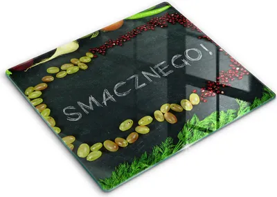 Zdjęcie produktu dla Deska kuchenna – 60 cm x 52 cm - Szklana deska do krojenia - Szkło hartowane – Antypoślizgowa - Napis Smacznego!