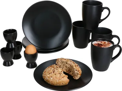 Produktbild von Nero 12tlg Frühstücksset matt schwarz Steingut Teller Kaffeebecher Eierbecher