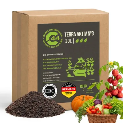 Produktbild von Terra Aktive Nr.3 Bodenverbesserer 20L - mit 40% Humus, 30% Rinderdung & 20% Pflanzenkohle mit 10% Bodenaktivator für Pflanzenwachstum | C44-Zittau