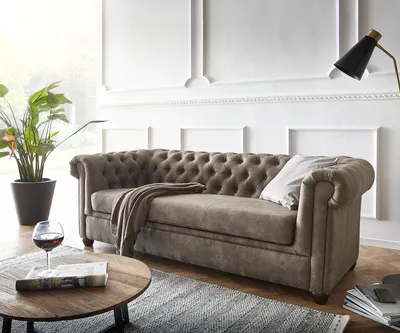Produktbild von DELIFE Sofa Chesterfield 3-Sitzer 200x88 cm Vintage Taupe Couch
