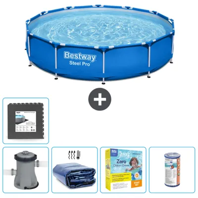Produktbild von Bestway Round Steel Pro Swimmingpool – 366 x 76 cm – Blau – inklusive Pumpe Sonnensegel - Wartungspaket - Filter - Bodenfliesen