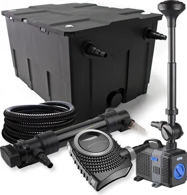 Zdjęcie produktu dla Kompletny zestaw SunSun: filtr do oczka wodnego CBF-550 do 60000 l, pompa do oczka wodnego NEO10000 10000 l/h 80 W, osadnik do oczka wodnego CUV-636 36 W, wąż do oczka wodnego 25 m 25 mm, fontanna CTP-5003 5000 l/h 30 W
