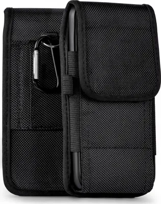 A black fabric phone case with a carabiner clip is shown against a white background.