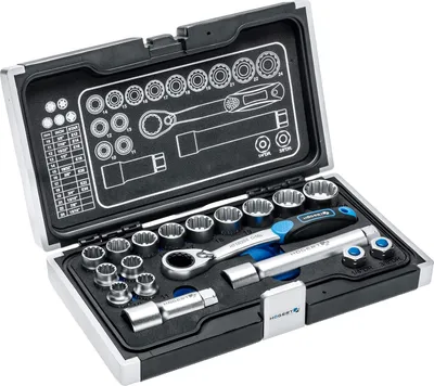 Produktbild von Högert Technik - Werkzeugset, Steckschlüssel und Ausstattungssatz, Hochqualitativem Chrom-Vanadium-Legierungsstah, Verformungsfest, Ratschenmechanik mit 60 Sperrklinken, HT1R478 - 18-tlg