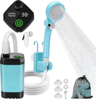 Produktbild von Traumheim Campingdusche, Akku-Pumpe, Duschkopf, Schlauch, tragbar, ABS-Kunststoff, 1kg, 2m Schlauchlänge, USB 5V (0.5-2A), mit Temperaturanzeige, abnehmbarer Sandfilter