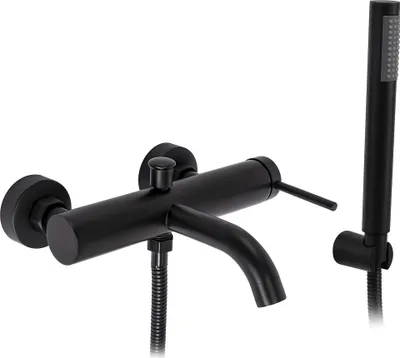 A black bathtub faucet with a handheld showerhead, shown against a white background.