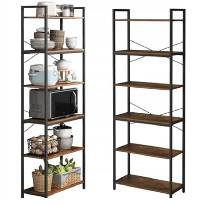 Two industrial-style shelving units are shown against a white background. The left unit is filled with kitchenware, including a microwave, pots, bowls, and baskets of produce. The right unit is empty, showcasing its structure.