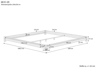 Immagine prodotto di Tre varianti di letto matrimoniale futon molto basso 200x200 in pino massello V-60.51-20Doghe in assi di legno rigide incl.