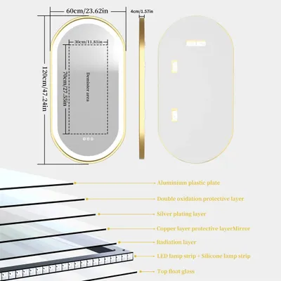 Zdjęcie produktu dla Lustro do łazienki LED, lustro panoramiczne – owalny, montowany na ścianie, wymiary 120x60 cm – antyfogging (zapobiega parowaniu), funkcja pamięci, 3 barwy światła, rama ze złotego aluminium