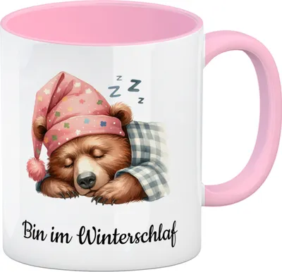 Produktbild von Braunbär Kaffeebecher in rosa und Spruch Bin im Winterschlaf
